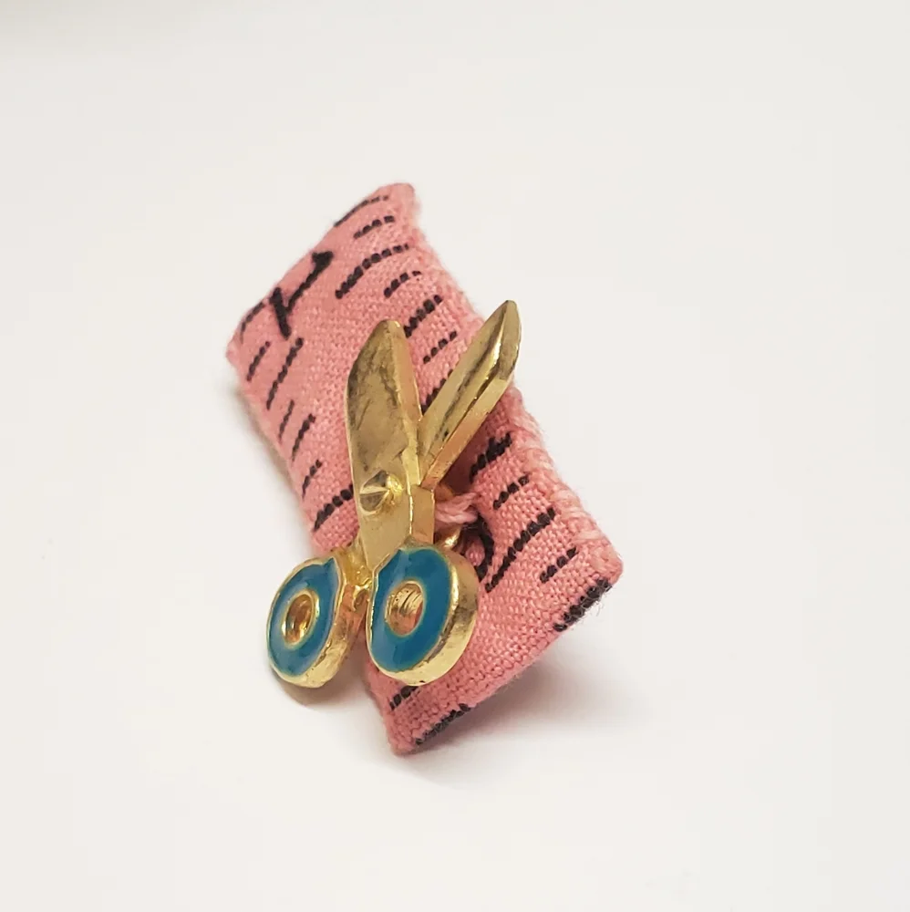 Vintage Denton England Ceramic Flower Brooch & Handmade Tape Measure Scissor Pin